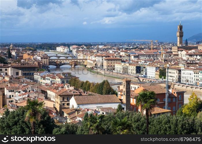 travel to Italy - cityscape Florence city with Ponte Vecchio and Palazzo Vecchio from Piazzale Michelangelo