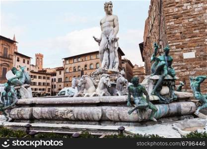 travel to Italy - Fountain of Neptune on Piazza della Signoria (Signoria square) in Florence city in morning.