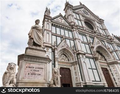 travel to Italy - monument of Dante Alighieri and Basilica di Santa Croce (Basilica of the Holy Cross) in Florence city