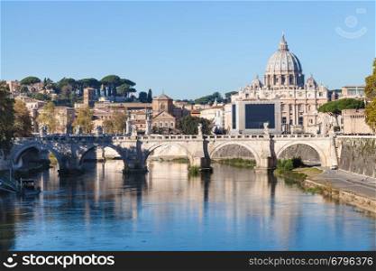 travel to Italy - Rome and Vatican city skyline with Basilica St. Peter's, Tiber river, Ponte Sant' Angelo (Bridge of Holy Angel) in autumn morning
