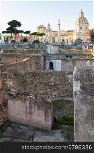travel to Italy- ruins of Trajan's Forum in ancient roman forums in Rome city