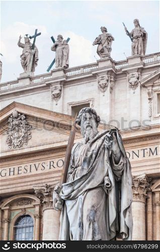 travel to Italy - Sculpture of Paul the Apostle in front of St Peter's Basilica on piazza San Pietro in Vatican city