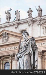 travel to Italy - Sculpture of Paul the Apostle in front of St Peter's Basilica on piazza San Pietro in Vatican city