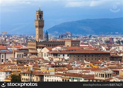 travel to Italy - skyline of Florence town with Palazzo Vecchio from Piazzale Michelangelo