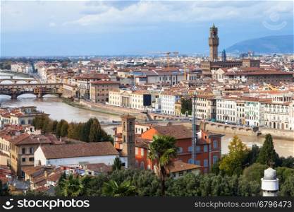 travel to Italy - skyline of Florence town with Ponte Vecchio and Palazzo Vecchio from Piazzale Michelangelo