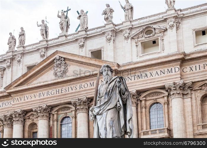 travel to Italy - Statue Paul the Apostle in front of St Peter's Basilica on piazza San Pietro in Vatican city