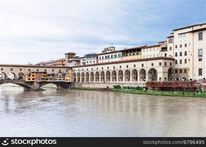 travel to Italy - vasari corridor and ponte vecchio over Arno River in Florence city