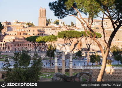 travel to Italy - view of forum of Caesar, road Via dei Fori Imperiali, Trajan's Forum in ancient roman forums in Rome city