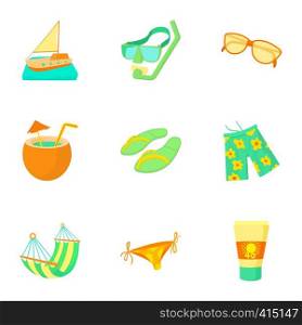 Travel to sea icons set. Cartoon illustration of 9 travel to sea vector icons for web. Travel to sea icons set, cartoon style