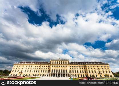 travel to Vienna city - low rain clouds over Schloss Schonbrunn palace, Vienna, Austria