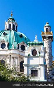 travel to Vienna city - towers of Karlskirche (St. Charles&rsquo;s Church), Vienna, Austria