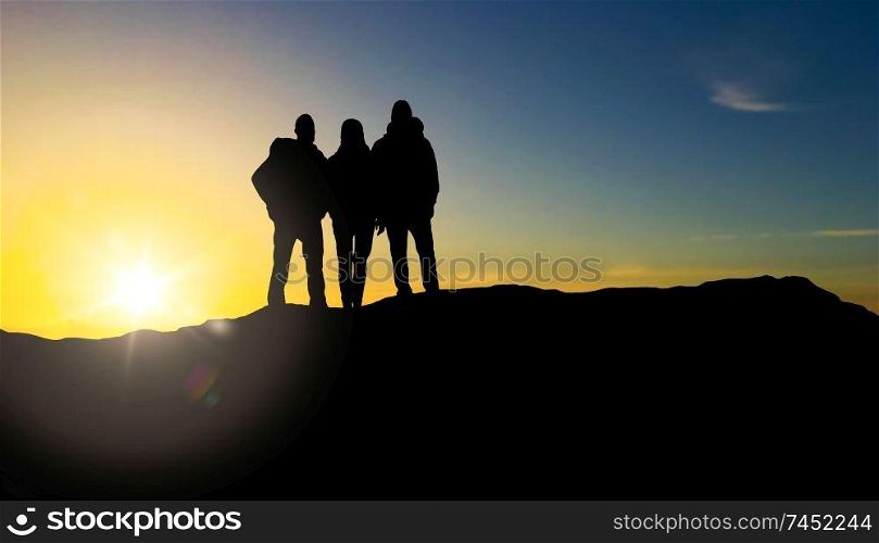 travel, tourism and hike concept - group of travellers with backpacks on mountain top over sunrise background. group of travellers with backpacks over sunrise