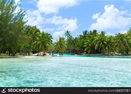 travel, tourism and nature concept - bridge on tropical beach in french polynesia. bridge on tropical beach in french polynesia
