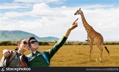 travel, tourism and people concept - happy couple with backpacks outdoors pointing finger to something over african savannah and giraffe background. happy couple with backpacks traveling in africa
