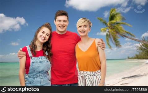travel, tourism and summer holidays concept - group of happy smiling friends hugging over exotic tropical beach with palm trees background. happy friends hugging over white background