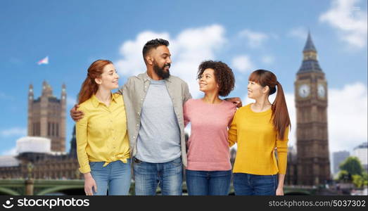 travel, tourism, diversity and people concept - international group of happy smiling men and women over london city background. international group of happy smiling people