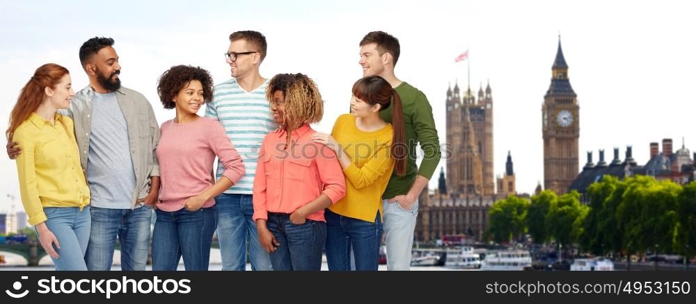 travel, tourism, diversity, ethnicity and people concept - international group of happy smiling men and women over london city background. international group of happy people in london