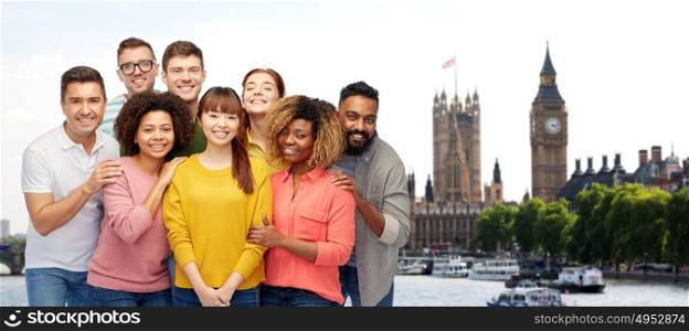 travel, tourism, diversity, friendship and people concept - international group of happy smiling men and women over london city background. international group of happy smiling people