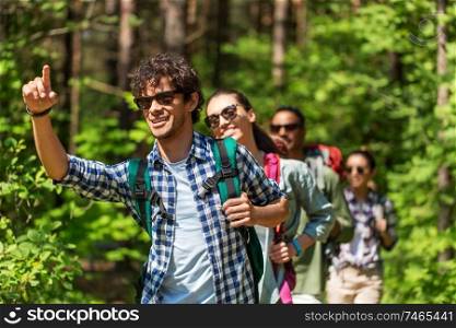 travel, tourism, hike and people concept - group of friends walking with backpacks in forest. group of friends with backpacks hiking in forest