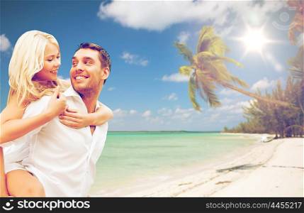 travel, tourism, summer holidays, vacation and love concept - happy couple having fun over exotic tropical beach with palm trees background