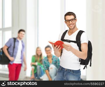 travel, vacation and education concept - travelling student with backpack and book