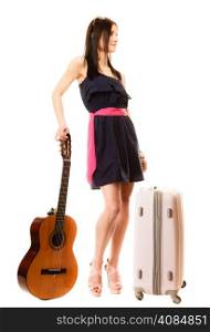 Travel vacation and freedom concept. Music lover woman tourist in full length, summer teen girl with guitar and suitcase isolated on white