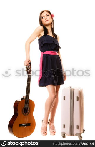 Travel vacation and freedom concept. Music lover woman tourist in full length, summer teen girl with guitar and suitcase isolated on white