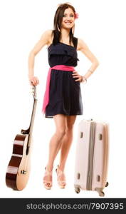 Travel vacation and freedom concept. Music lover woman tourist in full length, summer teen girl with guitar and suitcase isolated on white