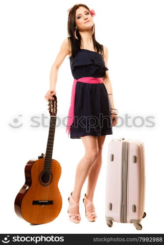 Travel vacation and freedom concept. Music lover woman tourist in full length, summer teen girl with guitar and suitcase isolated on white