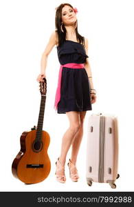 Travel vacation and freedom concept. Music lover woman tourist in full length, summer teen girl with guitar and suitcase isolated on white