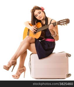 Travel vacation and freedom concept. Music lover woman tourist summer teen girl with guitar and suitcase isolated on white background