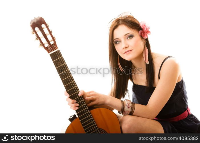 Travel vacation concept. Music lover summer girl hippie style holding acoustic guitar isolated on white