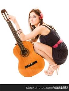 Travel vacation concept. Music lover summer girl hippie style in full length holding acoustic guitar isolated on white