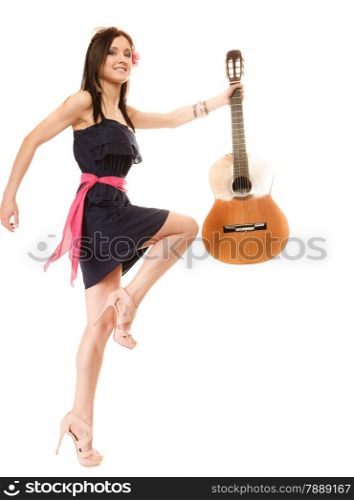 Travel vacation concept. Music lover summer girl in full length holding acoustic guitar isolated on white