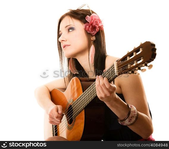 Travel vacation concept. Music lover summer girl playing acoustic guitar isolated on white background