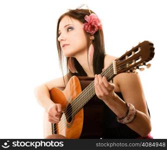Travel vacation concept. Music lover summer girl playing acoustic guitar isolated on white background