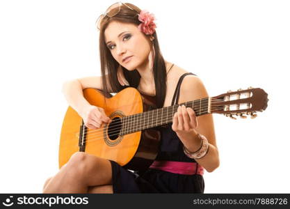 Travel vacation concept. Music lover summer girl playing guitar isolated on white background