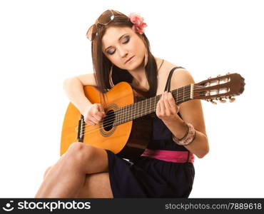 Travel vacation concept. Music lover summer girl playing guitar isolated on white background
