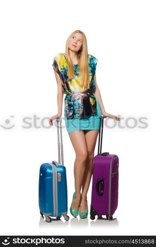 Travel vacation concept with luggage on white