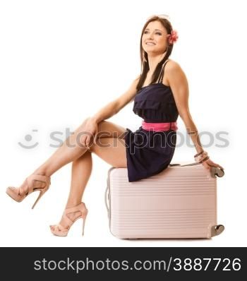 Travel vacation concept. Young summer fashion woman in voyage, girl in full length with pink suitcase luggage bag.