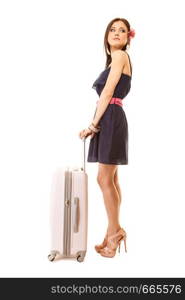 Travel vacation concept. Young summer fashion woman in voyage, girl in full length with pink suitcase luggage bag.