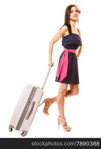 Travel vacation concept. Young summer fashion woman in voyage, girl in full length with pink suitcase luggage bag.