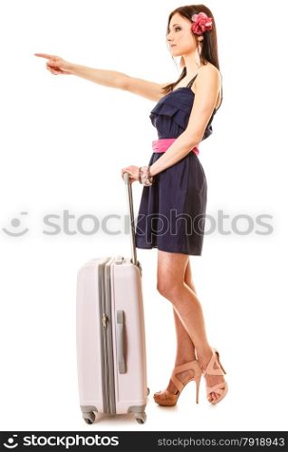 Travel vacation concept. Young summer fashion woman in voyage, girl in full length with pink suitcase luggage bag.