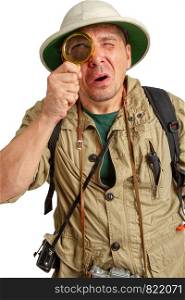 traveler in a cork helmet and khaki clothes looking at a magnifying glass. Cork Helmet Explorer