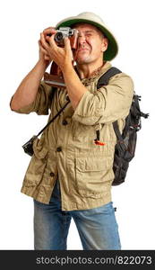 traveler in a cork helmet and khaki clothes photographs something on the camera. Cork Helmet Explorer