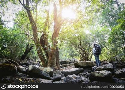 Traveler Man with a backpack in the Forest,  happy Lifestyle concept