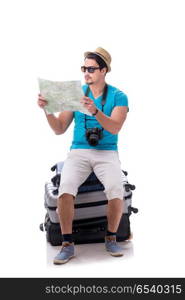 Traveler with much luggage isolated on white background