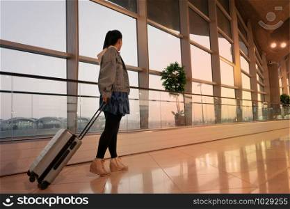 traveler with suitcase walking with carrying luggage and passenger for tour in the airport terminal for air traveling
