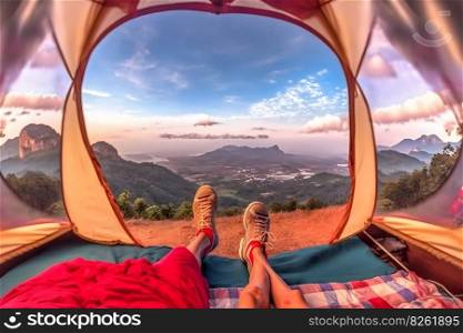 Travelers legs in a tent against the backdrop of a landscape, Neural network AI generated art. Travelers legs in a tent against the backdrop of a landscape, Neural network AI generated