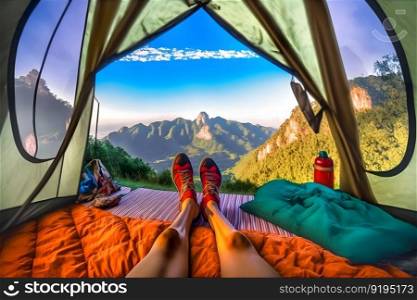 Travelers legs in a tent against the backdrop of a landscape, Neural network AI generated art. Travelers legs in a tent against the backdrop of a landscape, Neural network AI generated
